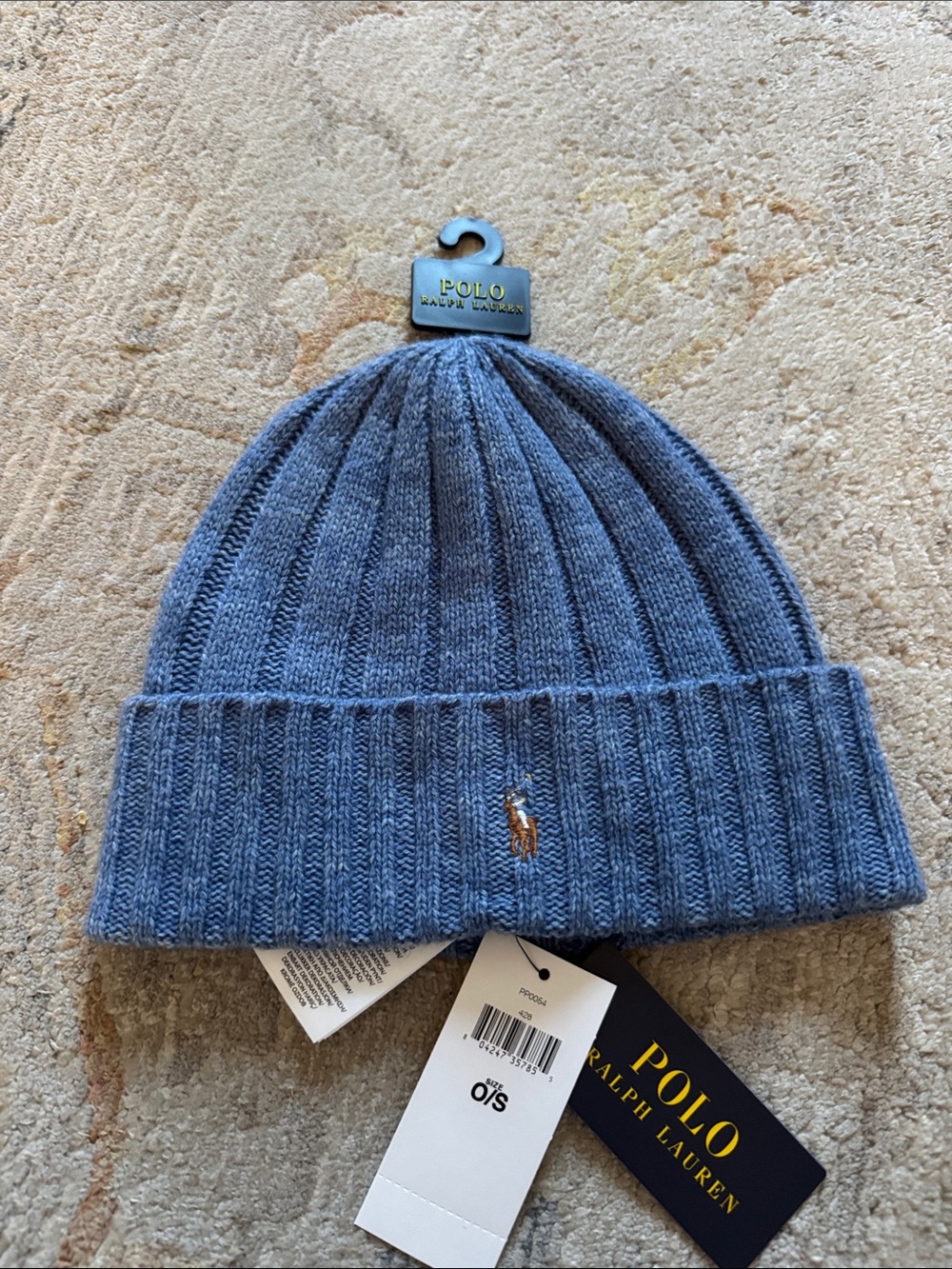 Polo by Ralph Lauren Blue Ribbed Knit Cuffed Beanie with Pony